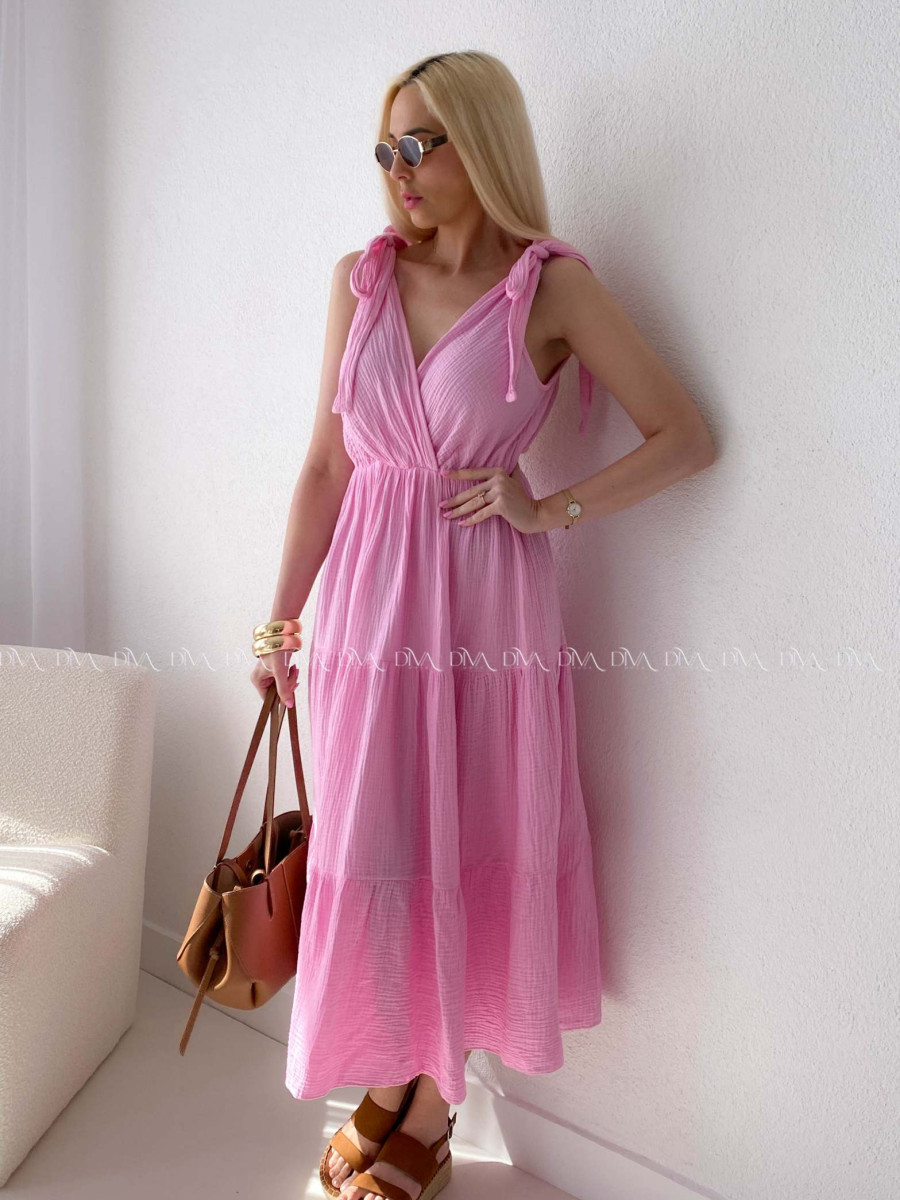 Mušelínové maxi šaty s viazaním na ramenách ružové AB 159