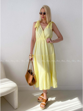 Mušelínové maxi šaty s viazaním na ramenách žlté AB 159