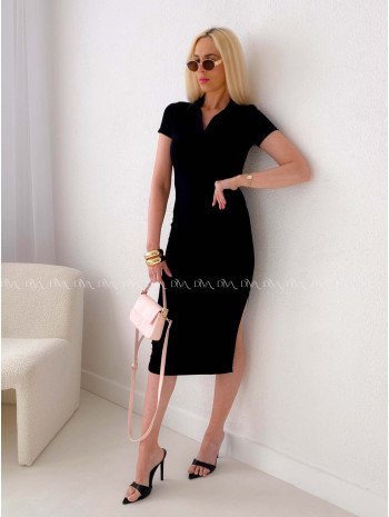Rebrované priliehavé midi šaty s golierom čierne AB 148