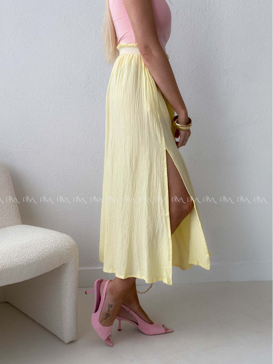 Midi mušelínová sukňa s rázporkom žltá AB 176