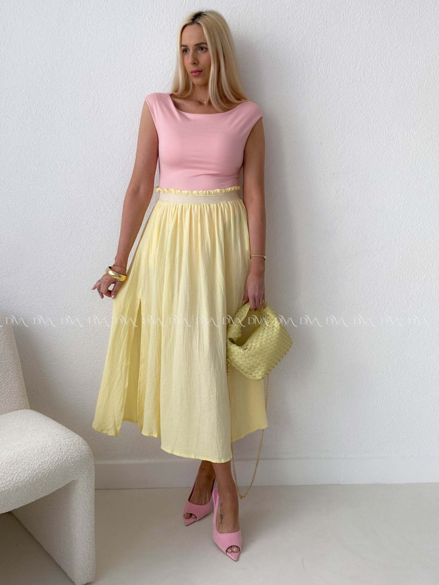 Midi mušelínová sukňa s rázporkom žltá AB 176