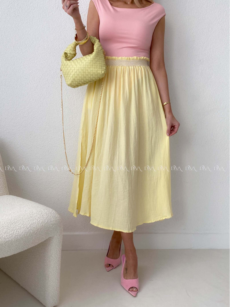 Midi mušelínová sukňa s rázporkom žltá AB 176