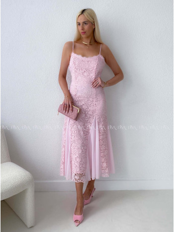 Háčkované elegantné maxi šaty na ramienka ružové AB 165