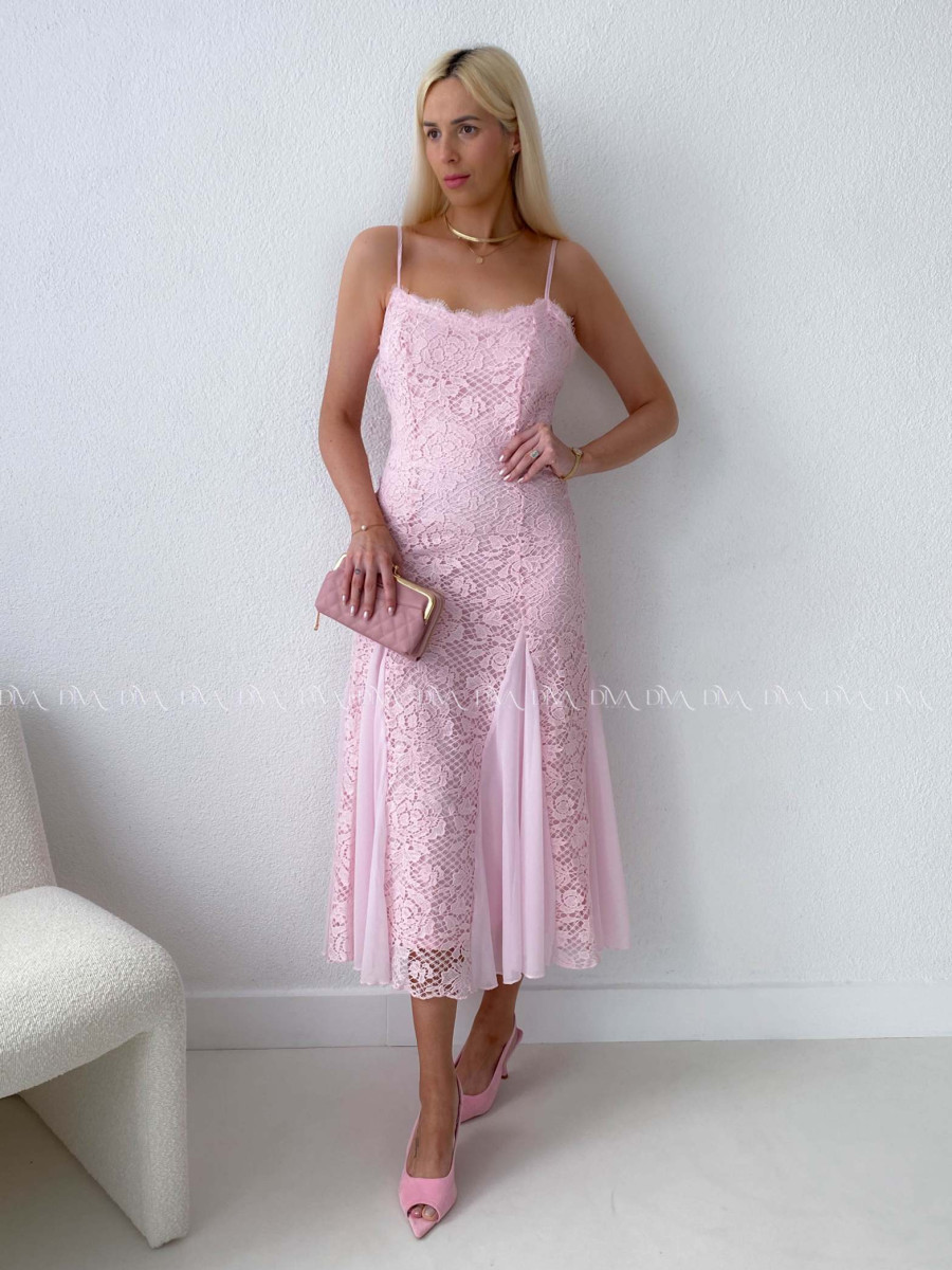 Háčkované elegantné maxi šaty na ramienka ružové AB 165