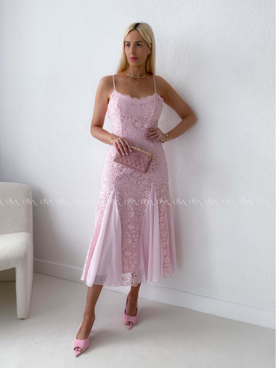 Háčkované elegantné maxi šaty na ramienka ružové AB 165