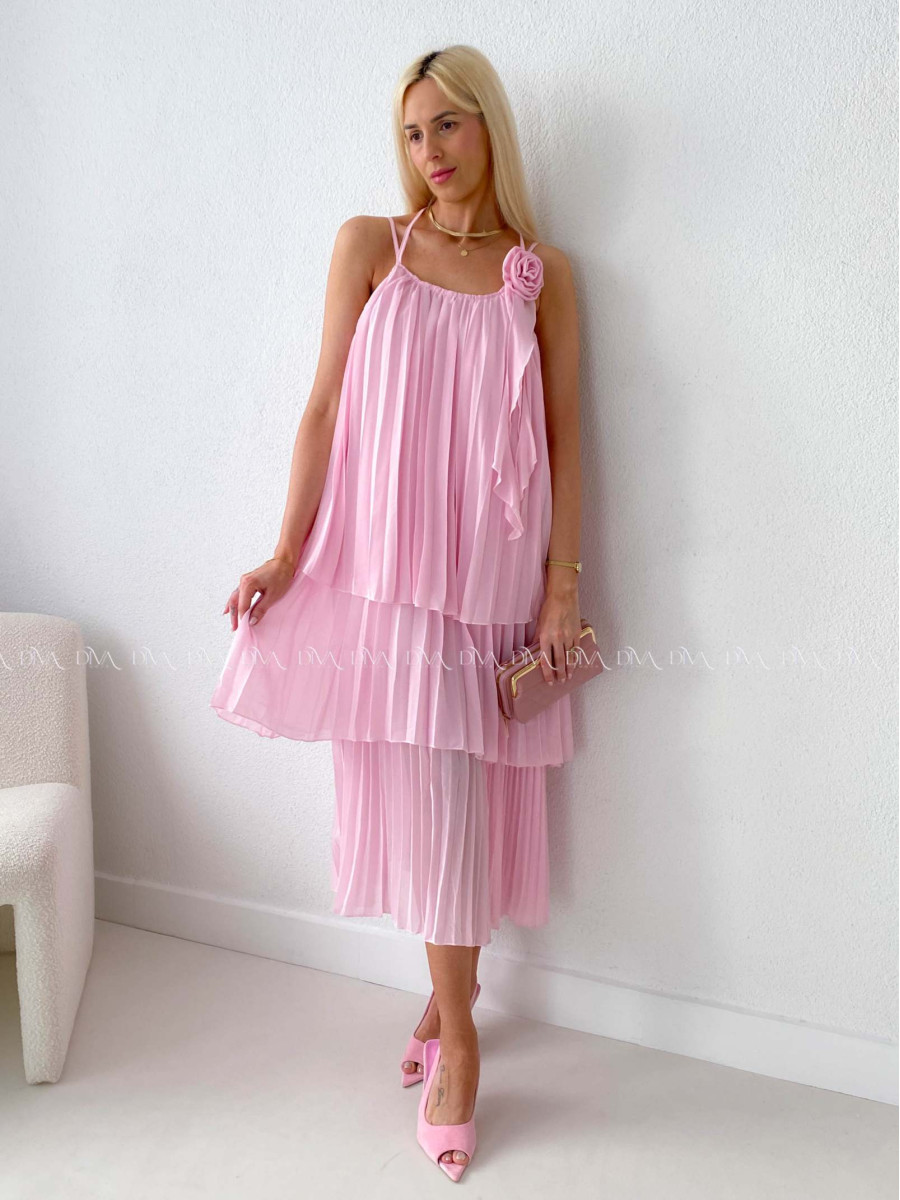 Elegantné plisované maxi šaty s ružou ružové AB 168