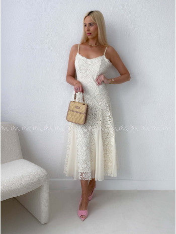 Háčkované elegantné maxi šaty na ramienka maslové AB 165