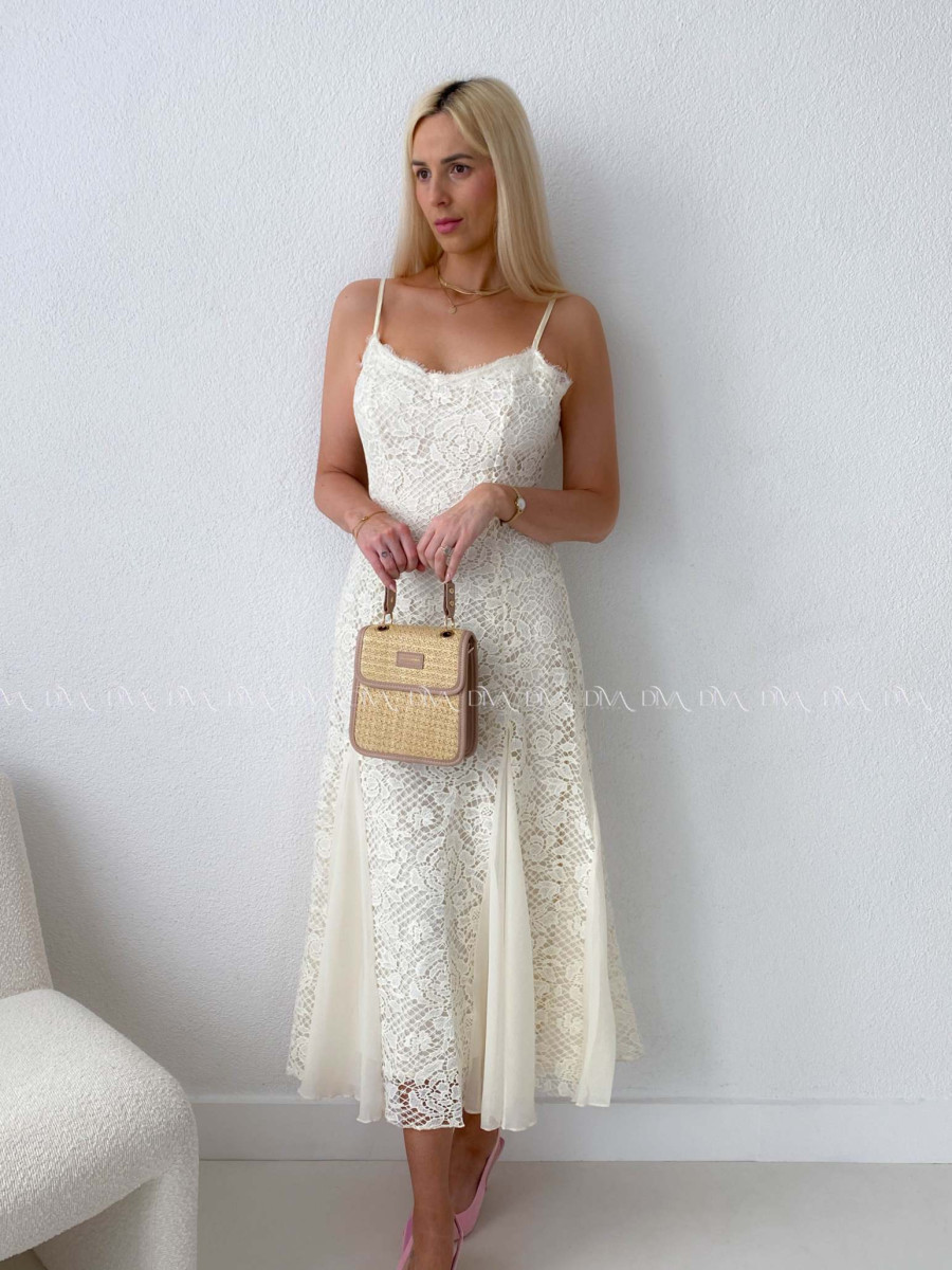 Háčkované elegantné maxi šaty na ramienka maslové AB 165