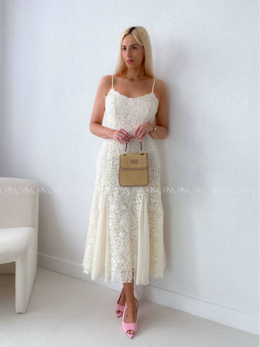 Háčkované elegantné maxi šaty na ramienka maslové AB 165