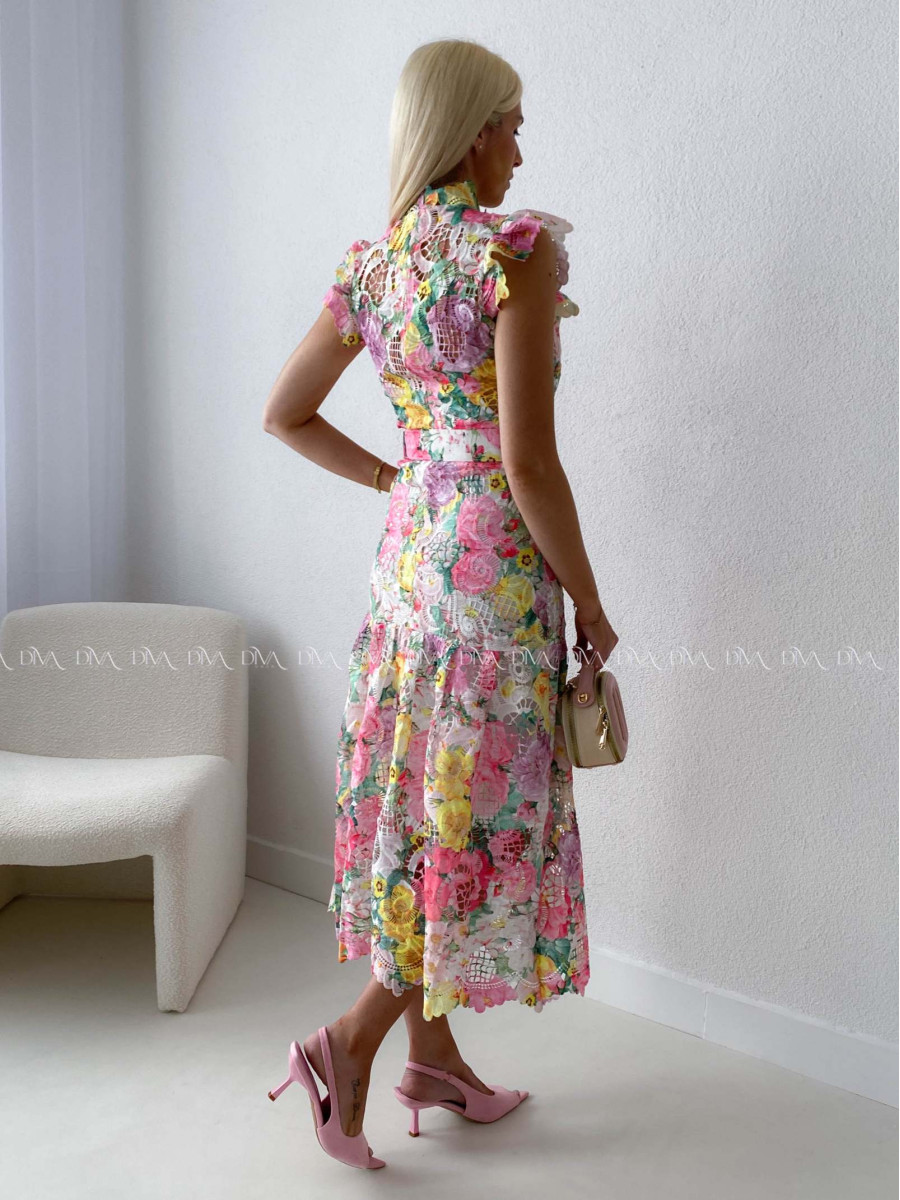 Háčkované midi šaty flora mix s volánikmi ruž-žlté AB 166