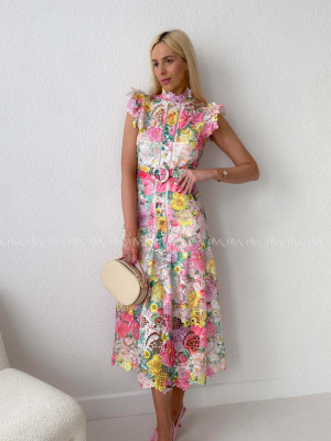 Háčkované midi šaty flora mix s volánikmi ruž-žlté AB 166