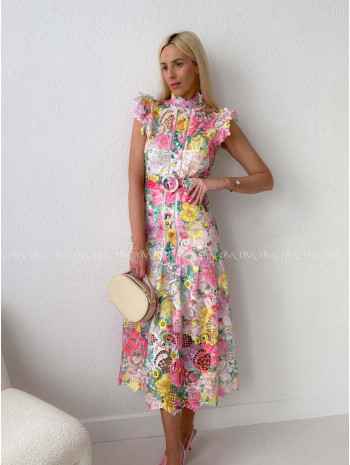 Háčkované midi šaty flora mix s volánikmi ruž-žlté AB 166
