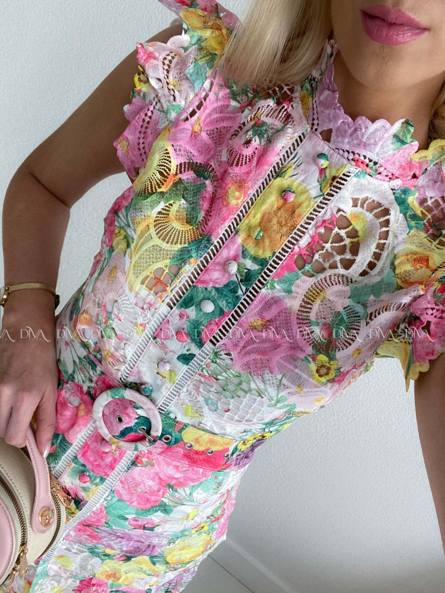 Háčkované midi šaty flora mix s volánikmi ruž-žlté AB 166