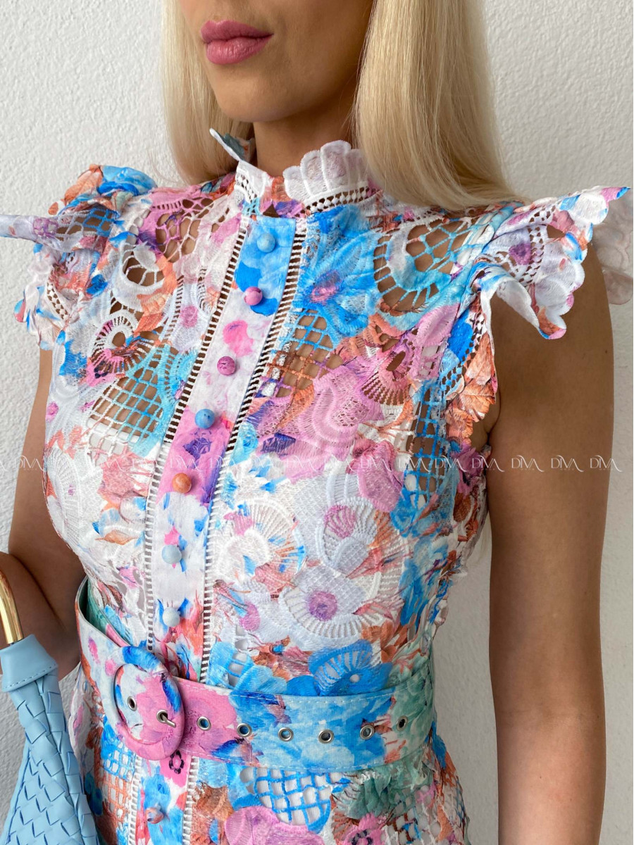 Háčkované midi šaty flora mix s volánikmi ruž-modré AB 166