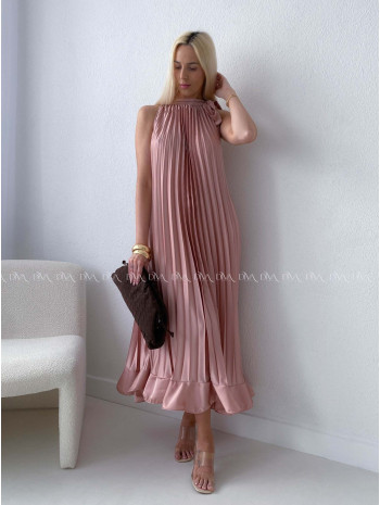 Elegantné saténové plisované maxi šaty blush pink AB 171