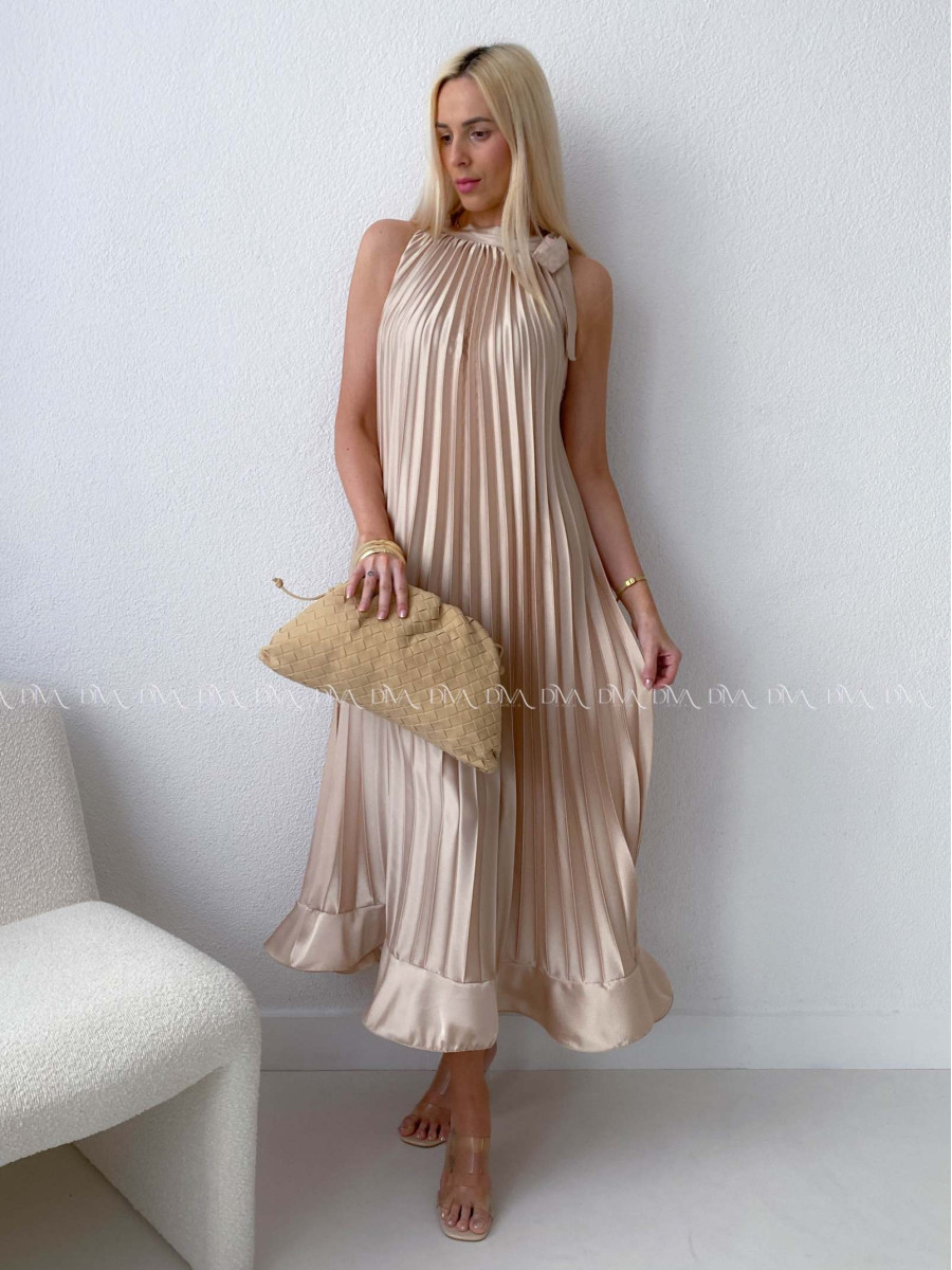 Elegantné saténové plisované maxi šaty zlaté AB 171