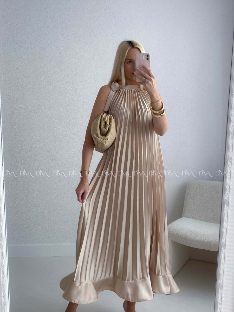 Elegantné saténové plisované maxi šaty zlaté AB 171