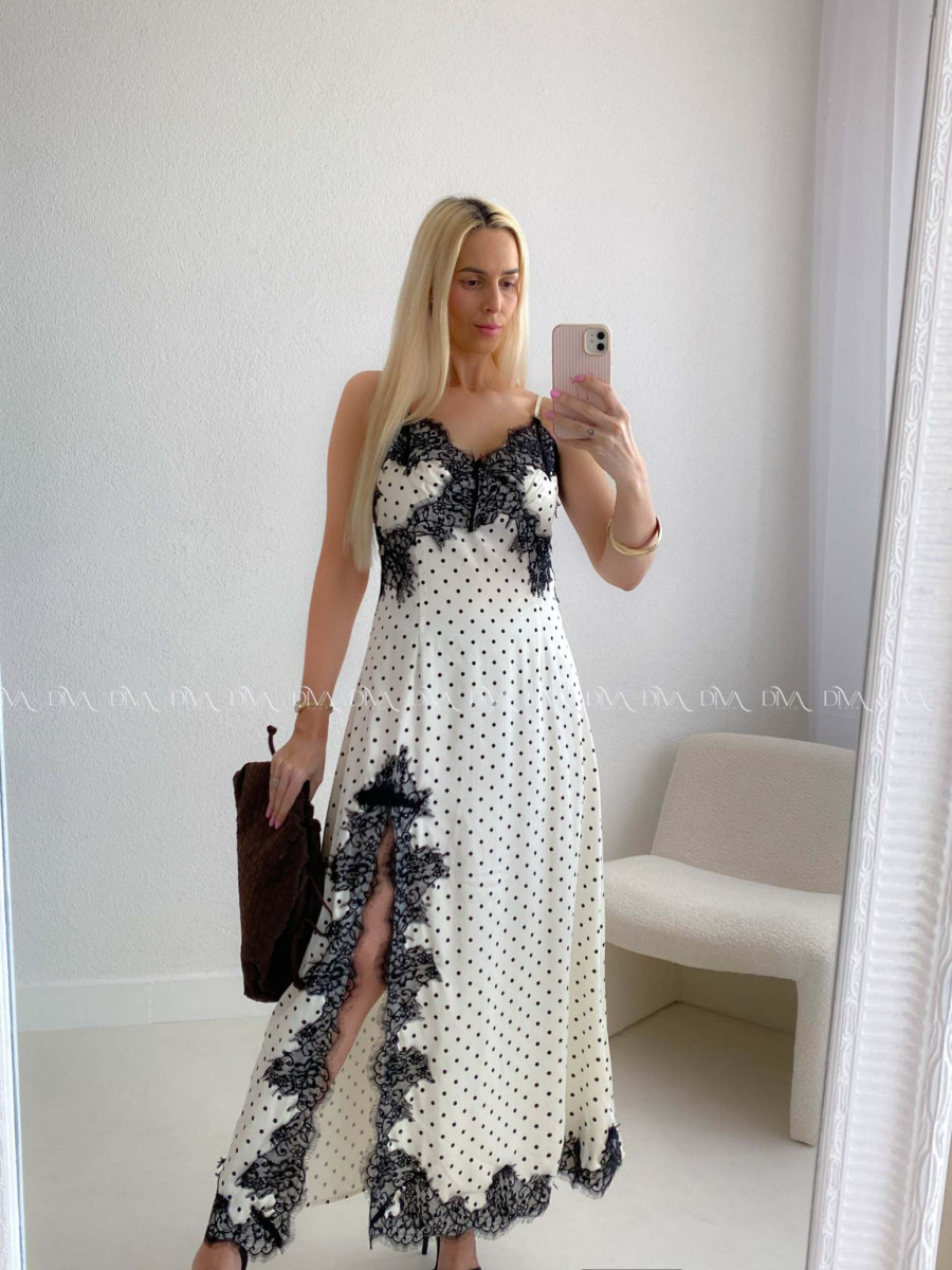 Elegantné saténové maxi šaty bodkované s krajkou AB 182