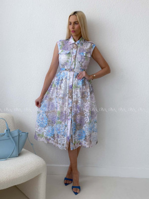 Háčkované midi šaty kvetinové s golierom fialkovo - modré AB 167