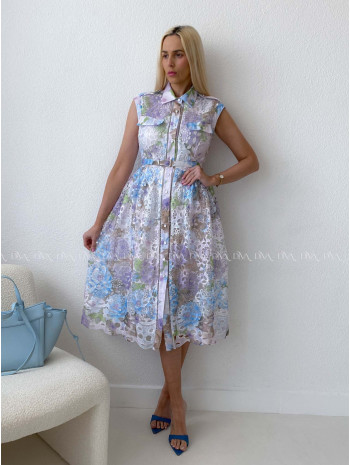 Háčkované midi šaty kvetinové s golierom fialkovo - modré AB 167