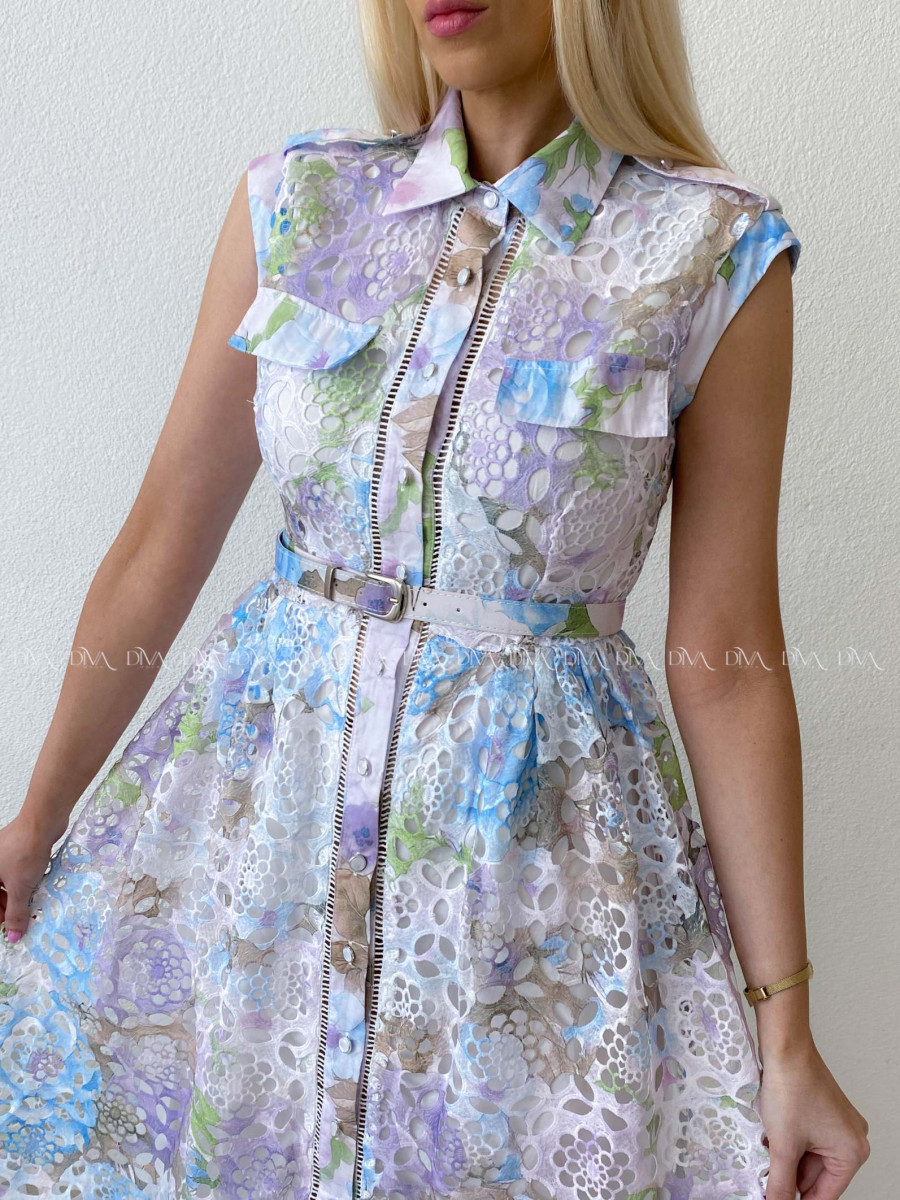 Háčkované midi šaty kvetinové s golierom fialkovo - modré AB 167