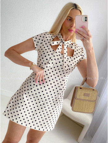 Puzdrové bodkované mini šaty s mašľou smotanové AB 184