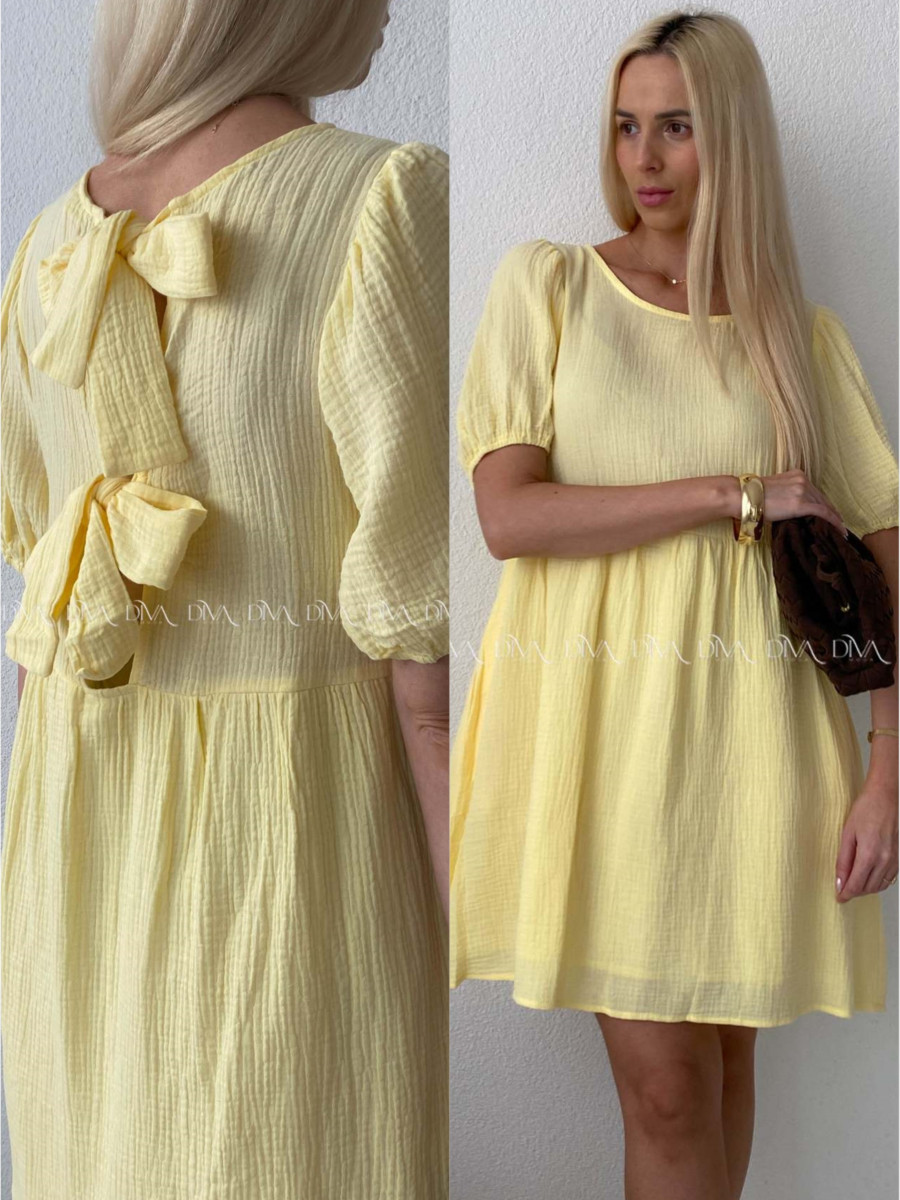 Mušelínové šaty s mašlemi na zádech žluté AB 174