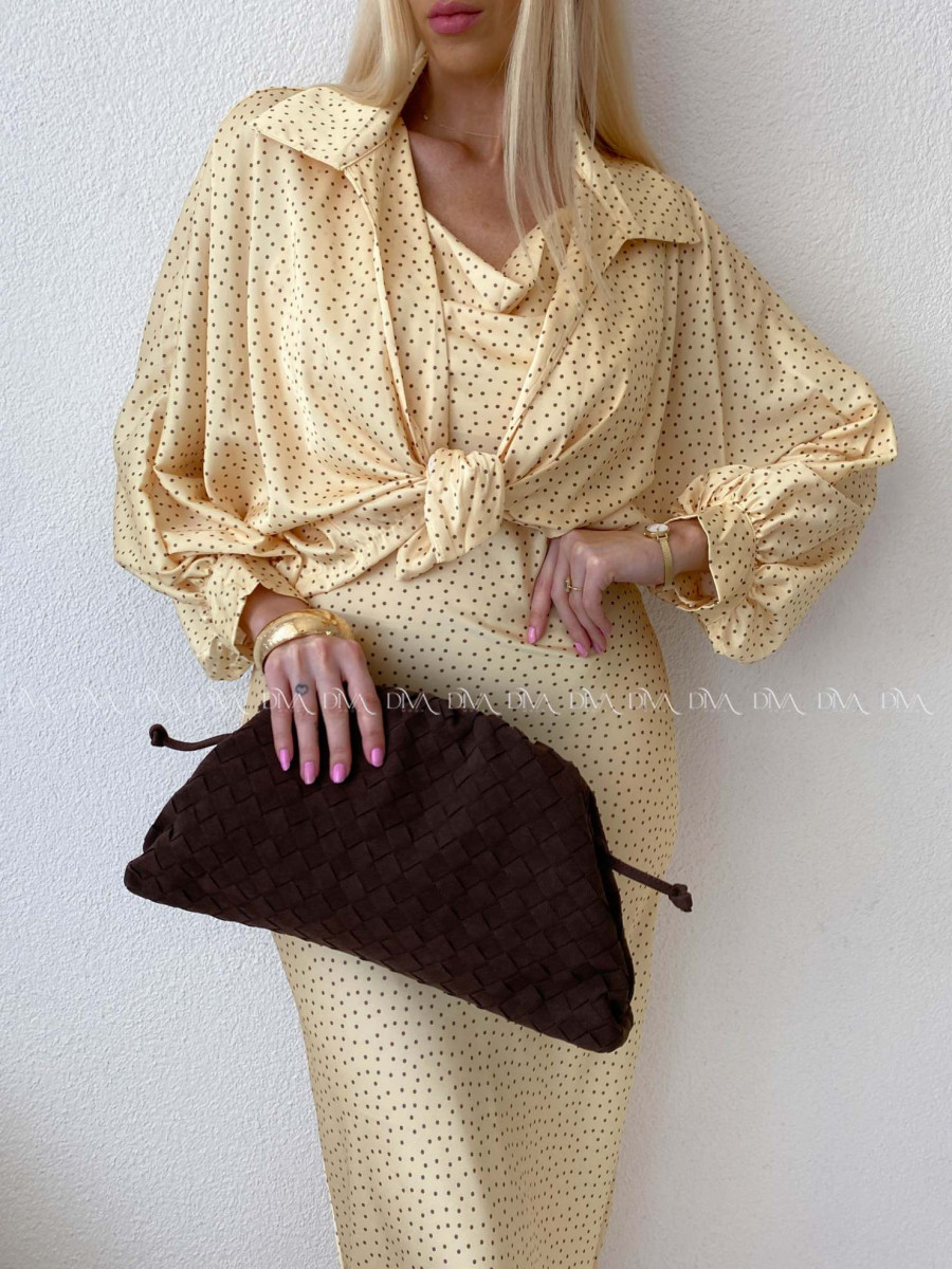 Komplet saténové šaty + blúzka žltý AB 179