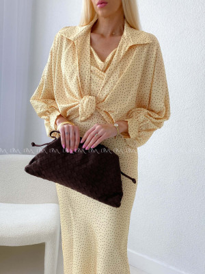 Komplet saténové šaty + blúzka žltý AB 179