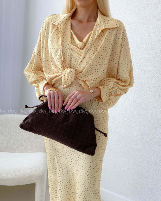 Komplet saténové šaty + blúzka žltý AB 179