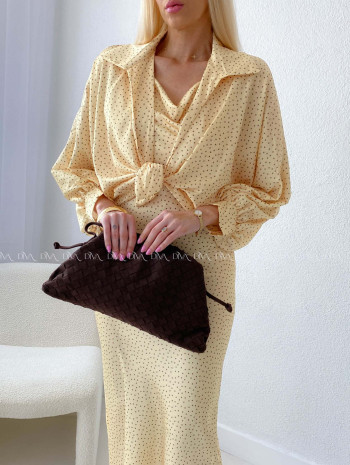 Komplet saténové šaty + blúzka žltý AB 179