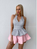 Bodkovaný peplum top s viazaním okolo krku smotanový AB 192