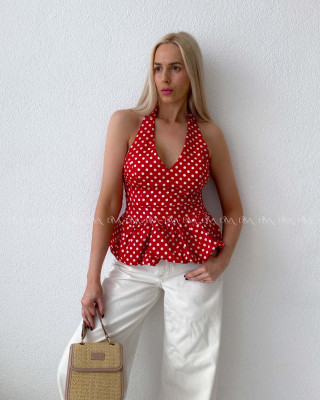 Bodkovaný peplum top s viazaním okolo krku červený AB 192