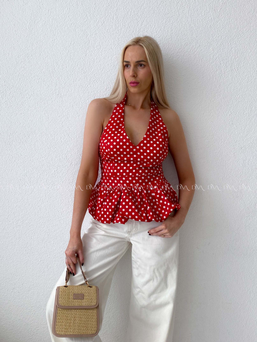 Bodkovaný peplum top s viazaním okolo krku červený AB 192