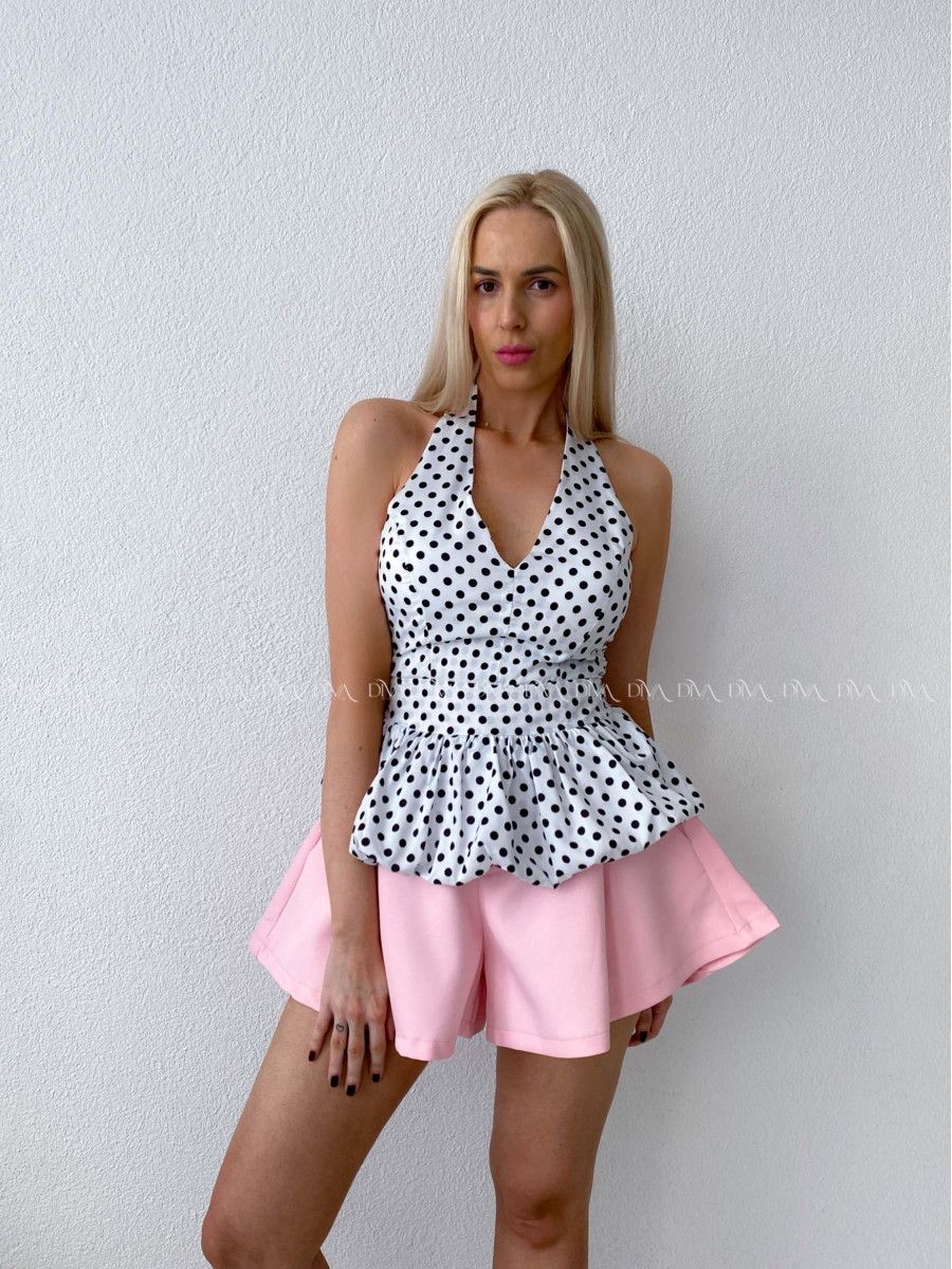 Bodkovaný peplum top s viazaním okolo krku smotanový AB 192