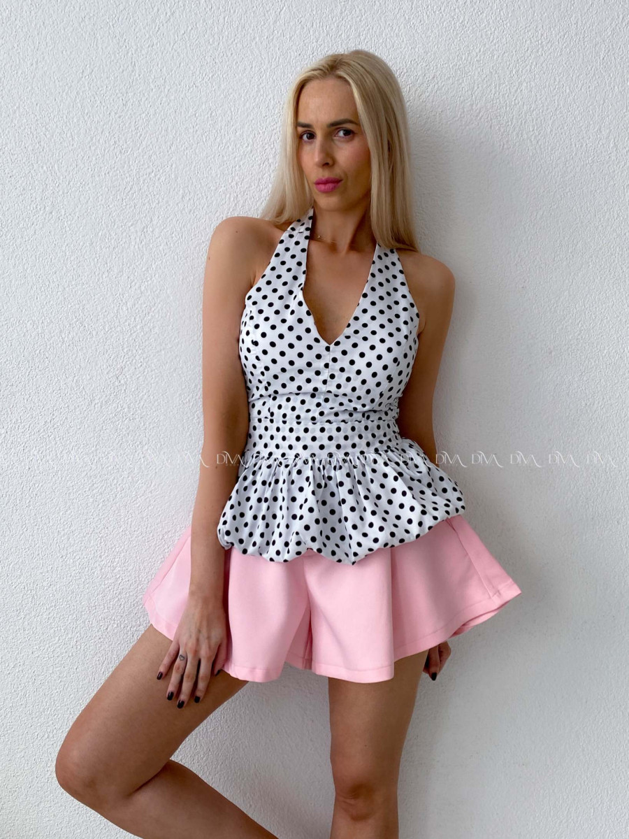 Bodkovaný peplum top s viazaním okolo krku smotanový AB 192