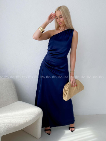 Elegantné splývavé šaty na jedno rameno tmavo modré AB 191 Elegantné splývavé šaty na jedno rameno tmavo modré AB 191