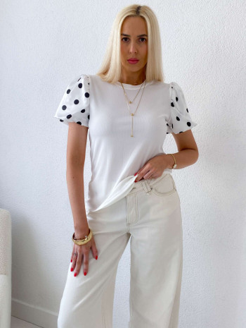 Top so saténovými puf rukávmi Dottie biely AB 224 Top so saténovými puf rukávmi Dottie biely AB 224