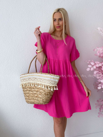 Mušelínové krátke šaty s volánikom fuchsia AB 226