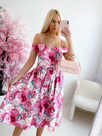 Elegantné midi šaty so spadnutými ramenami Peonie ABB 141 Elegantné midi šaty so spadnutými ramenami Peonie ABB 141