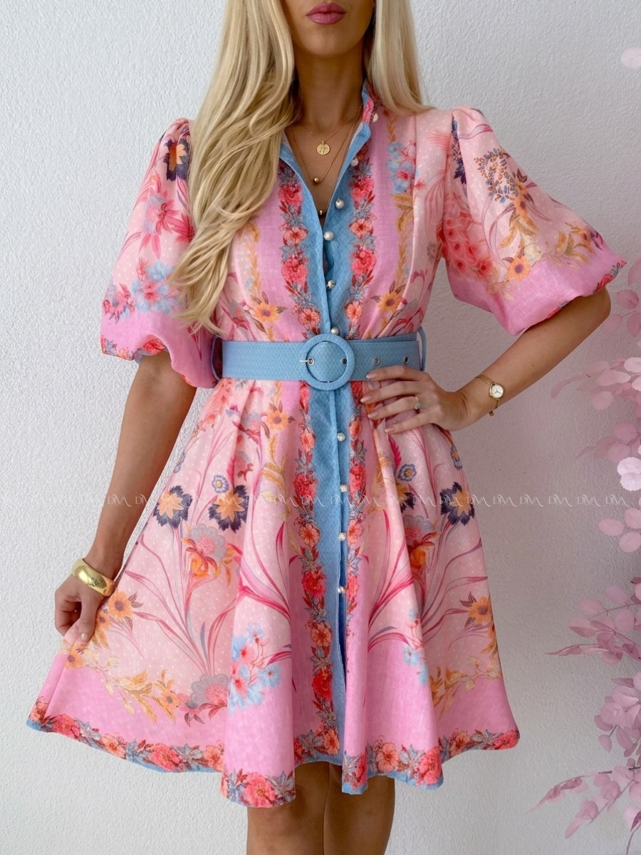 Elegantné kvetinové šaty s puf rukávom krátke Yasmin ružové AB 249 Elegantné kvetinové šaty s puf rukávom krátke Yasmin ružové AB 249