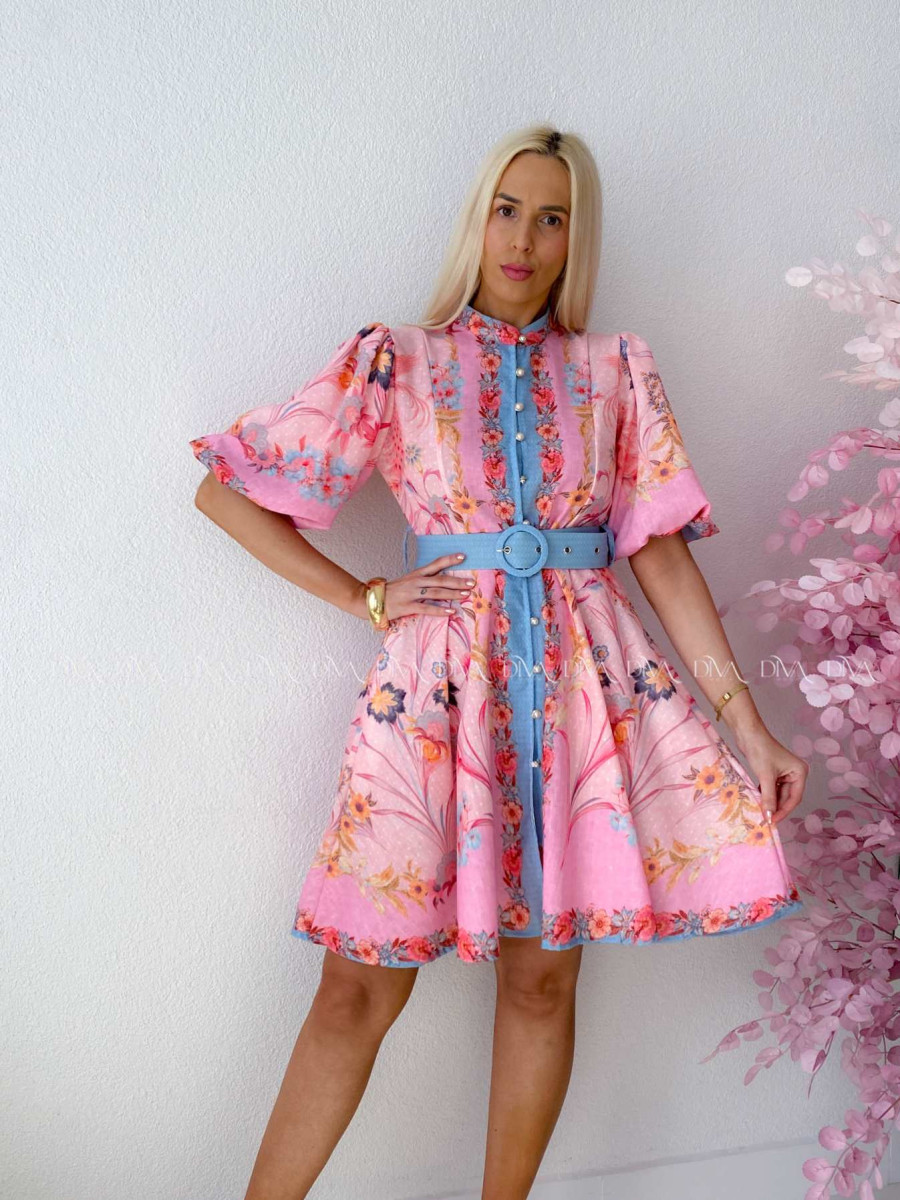 Elegantné kvetinové šaty s puf rukávom krátke Yasmin ružové AB 249 Elegantné kvetinové šaty s puf rukávom krátke Yasmin ružové AB 249