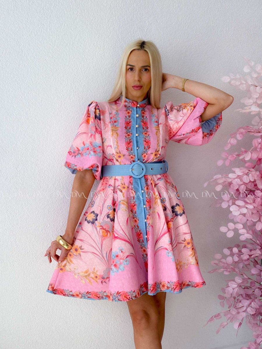 Elegantné kvetinové šaty s puf rukávom krátke Yasmin ružové AB 249 Elegantné kvetinové šaty s puf rukávom krátke Yasmin ružové AB 249