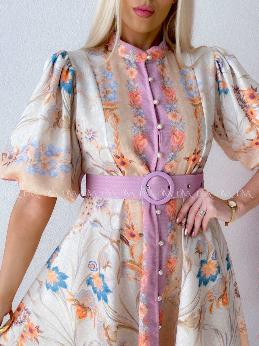 Elegantné kvetinové šaty s puf rukávom krátke Yasmin béžové AB 249