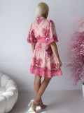 Elegantné kvetinové šaty s puf rukávom krátke Yasmin fuchsia AB 249