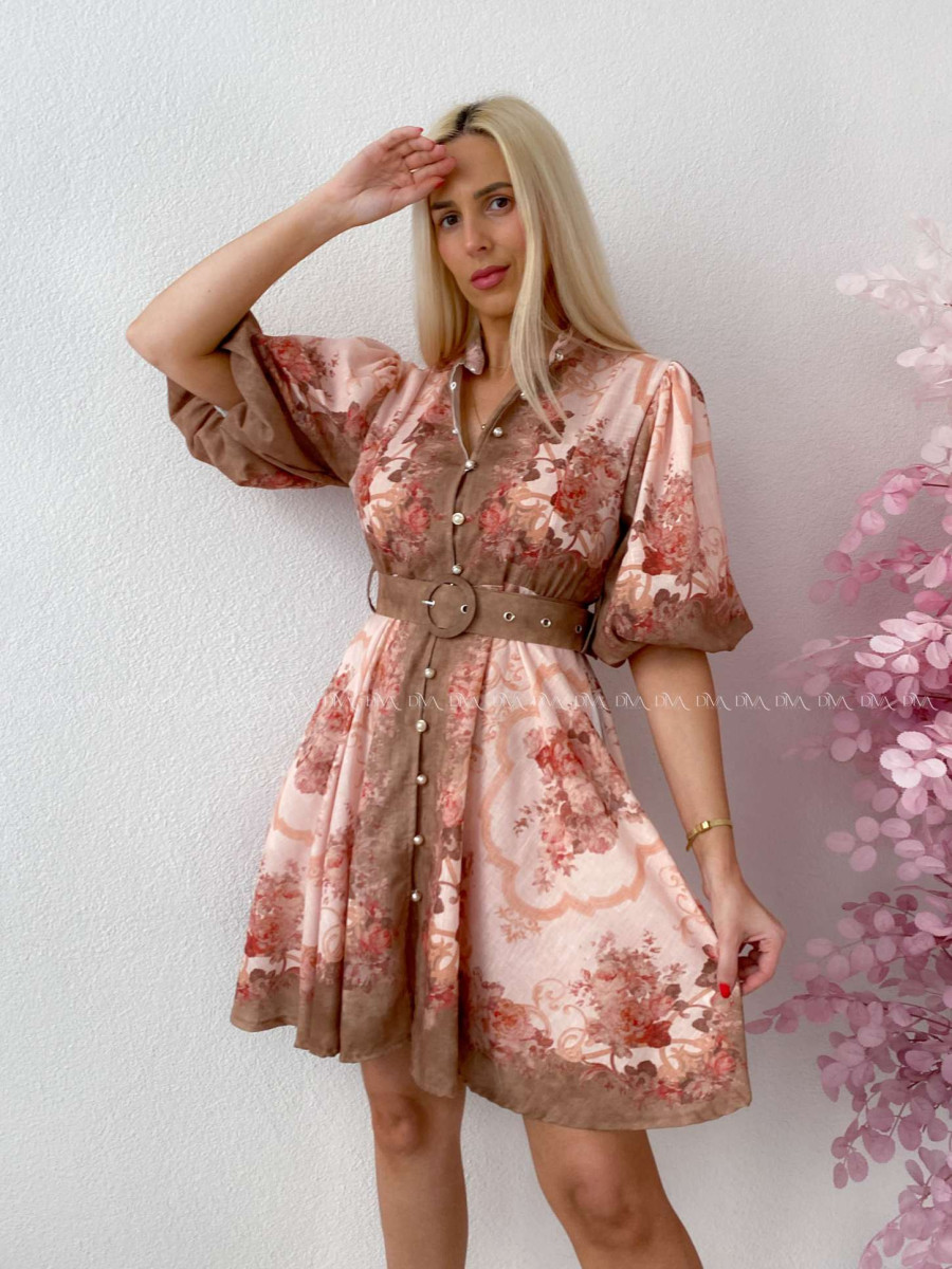 Elegantné kvetinové šaty s puf rukávom krátke Yasmin čokoládové AB 249
