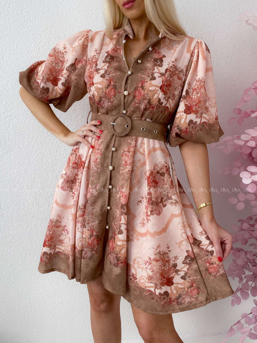 Elegantné kvetinové šaty s puf rukávom krátke Yasmin čokoládové AB 249