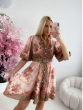 Elegantné kvetinové šaty s puf rukávom krátke Yasmin čokoládové AB 249