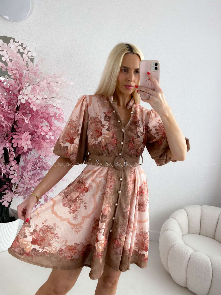 Elegantné kvetinové šaty s puf rukávom krátke Yasmin čokoládové AB 249