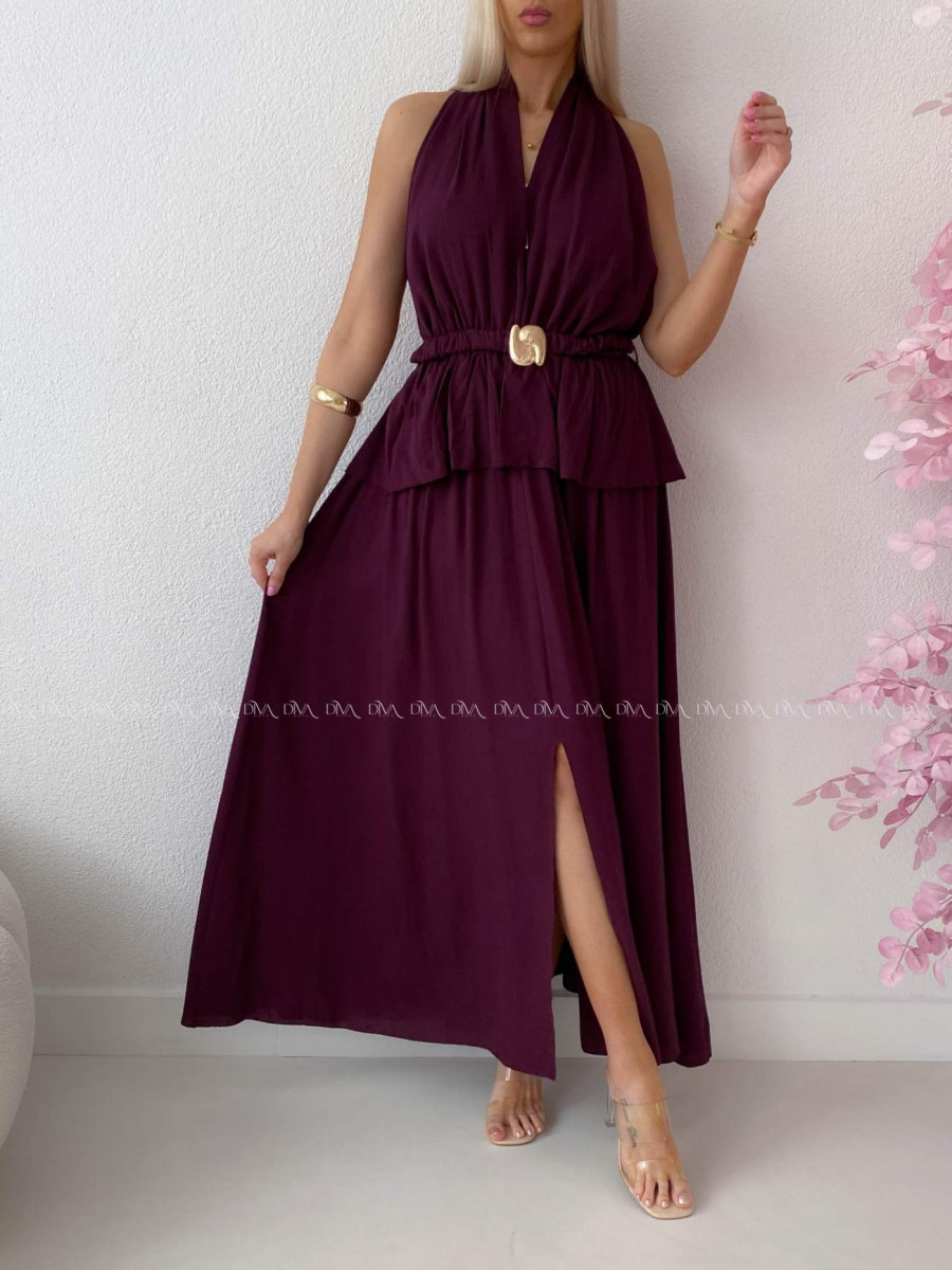 Maxi šaty s peplum volánom a  viazaním okolo krku burgundy AB 277